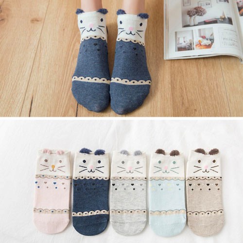 5 Pairs - Cute Kitty Ankle Socks